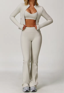<b>Three</b> Piece Yoga Set <b>Quarter</b> Zip Racerback Crop Top High Waist Full Length <b>Pants</b> Seamless Breathable Solid Color ODM OEM - Product Image 6