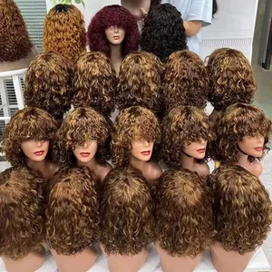 Letsfly parrucche per capelli ricci fatte a macchina ad alta densità con frangia per capelli brasiliani bagnati e ondulati