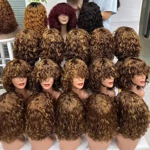 Letsfly Wig Rambut Keriting, Wig Rambut Orang Brasil dengan Poni Basah dan Gelombang Penuh, Pinggiran Rambut Manusia