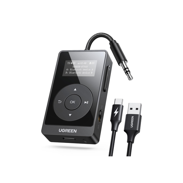 UGREEN Airplane Bluetooth 5.3 Transmitter Receiver for 2 Airpods, AptX Adaptive/HD Audio 3.5m Aux Bluetooth Adapter