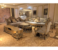Ensemble de canapés en bois massif sculpté de luxe, cadre doré, tissu jacquard, dossier haut, sièges classiques pour salon
