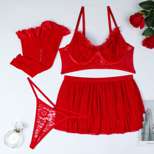 Vente en gros européenne et américaine de lingerie sexy, dentelle brodée, maille, tentation, lingerie sexy charmante, ensemble de quatre pièces pour femmes - Product Image 6