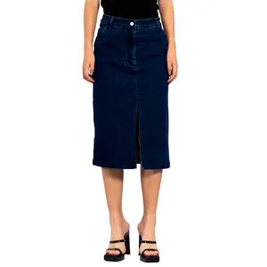 Оптовая Продажа с фабрики темно-синие джинсовые юбки миди для женщин с разрезом Летние повседневные Стрейчевые джинсовые юбки с высокой талией