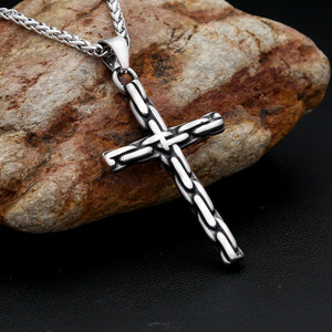 yunnique Stainless Steel <b>Cross</b> Pendant Necklace Men Retro Punk Style Jewelry Fashion Necklace <b>Chain</b> Silver Tone 45cm Length - Product Image 2