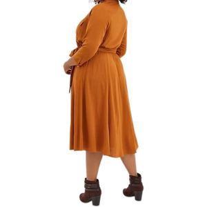 Abito chemisier midi da donna marrone cammello con cintura e tasche, maniche a 3/4, abbottonatura frontale, casual da lavoro. Supporta servizi OEM e ODM. - Product Image 2