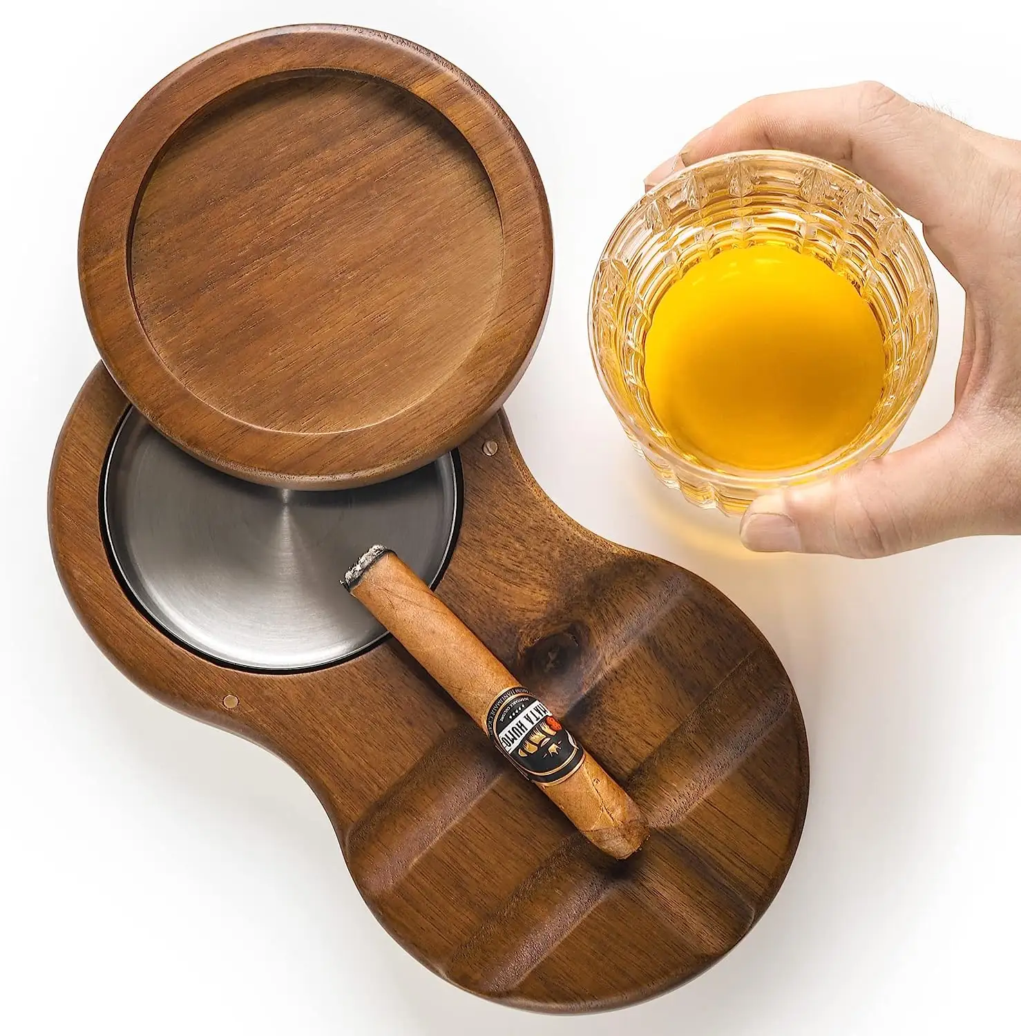 Cenicero de madera para cigarros, posavasos, bandeja de vidrio para whisky y Cenicero giratorio para cigarros con revestimiento de acero inoxidable