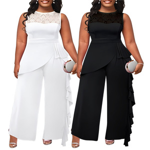 <span class=keywords><strong>Combinaison</strong></span> droite ample pour femme <span class=keywords><strong>grande</strong></span> <span class=keywords><strong>taille</strong></span>, couleur unie, style élégant pour le quotidien, avec empiècements en dentelle et motif algues marines - Product Image 1