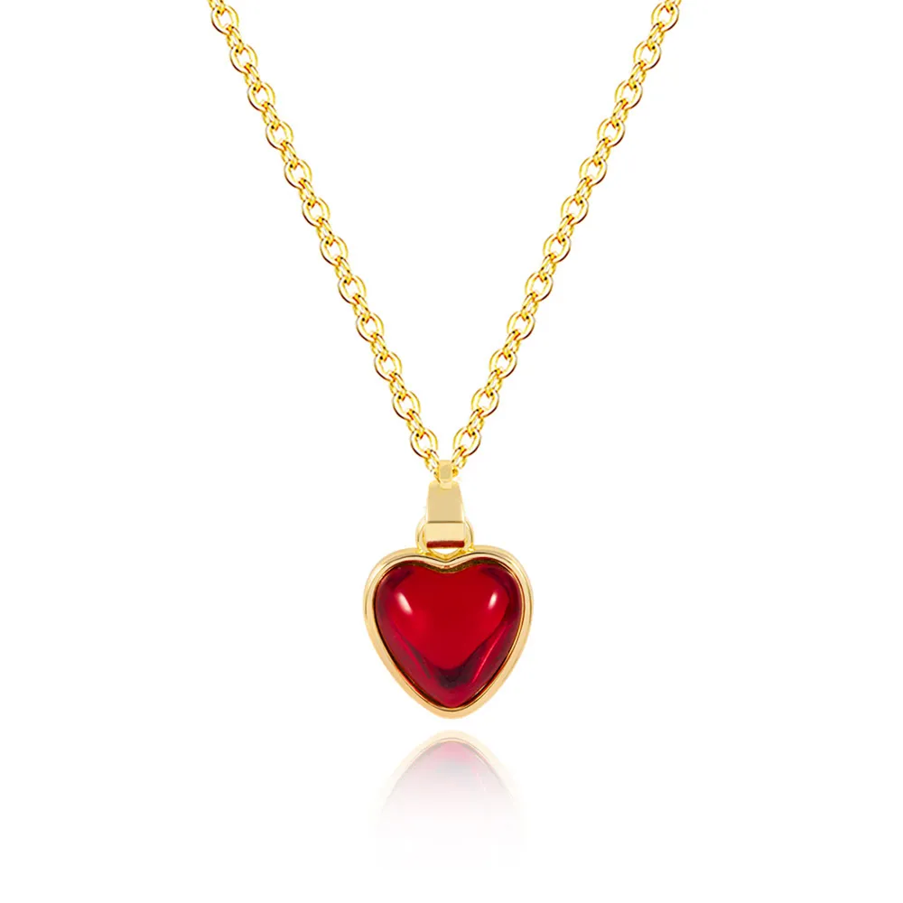 NUORO Dainty pietra rossa collana pendente cuore ottone 14K placcato oro zircone collana cuore per moglie madre regalo
