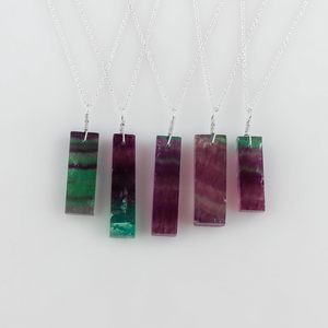 Natural Fluorite Bar Pendant <b>Necklace</b> 925 Silver Chain Geometric Shape Chakra Healing Crystal Unisex Everyday Wear - Product Image 2