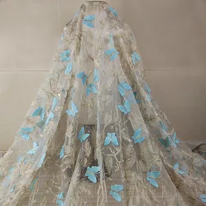 Tissu brodé de fil d'or papillon, dentelle fleurie 3d, avec appliqués, nouvelle collection à la mode, 2020