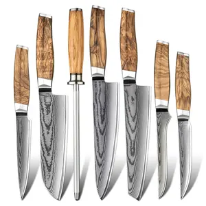 Amber Professional Olive Wood Handle Japanese Damascus 6pcs Knives Set Kitchen Chef Utility Fruit Paring Knife Chef Knife Set