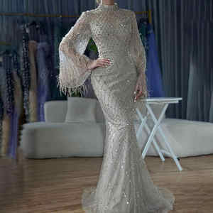 Tüy ile uzun kollu Mermaid akşam balo kıyafetleri - Product Image 3