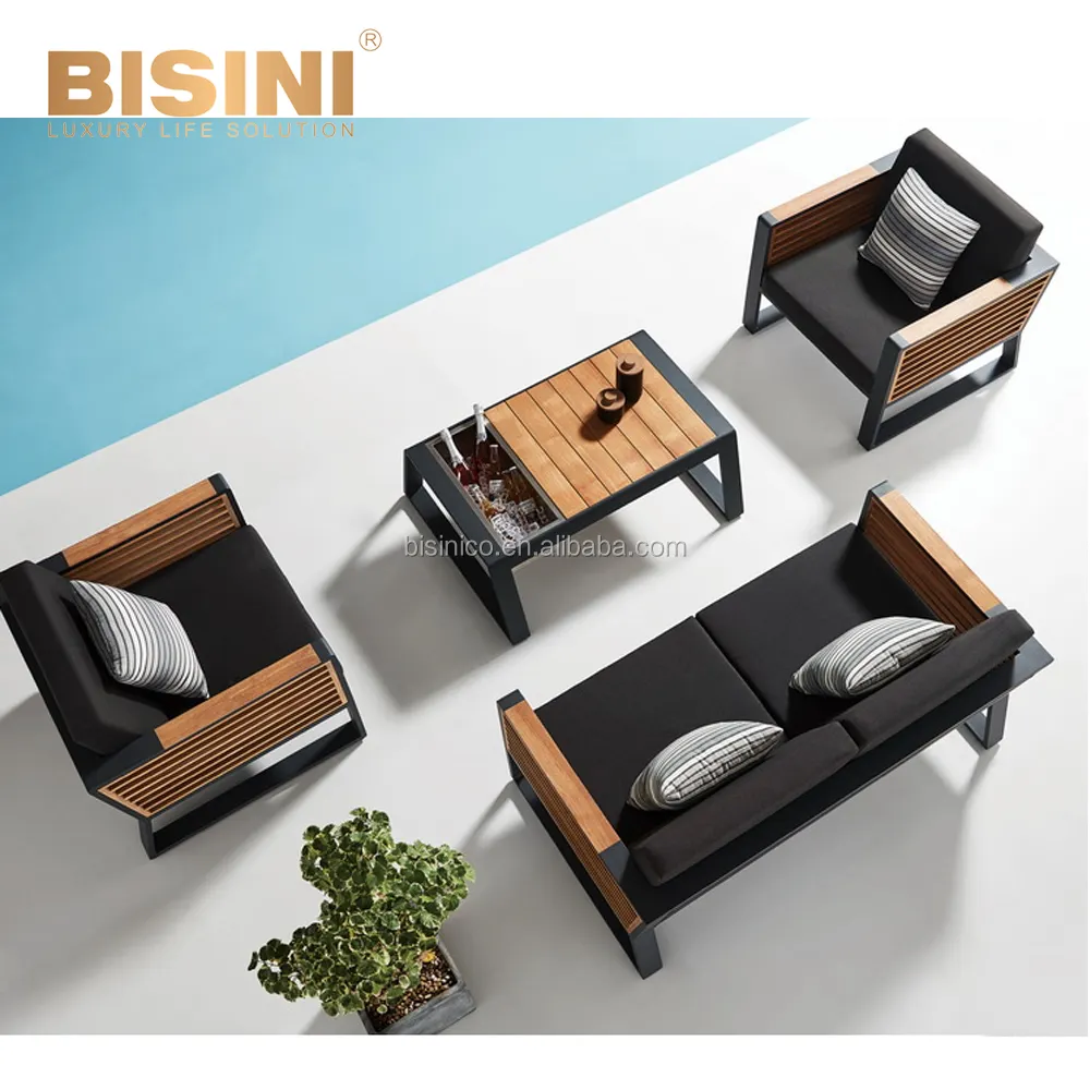 미국 스타일 BISINI 디자인 <span class=keywords><strong>뉴욕</strong></span> 시리즈 야외 소파 세트 블랙 패브릭 및 나무 1 + 1 + 2 소파 커피 테이블 세트