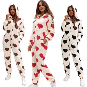 Wholesale 500gsm winter women's long-sleeved plush love print christmas fleece hooded romper