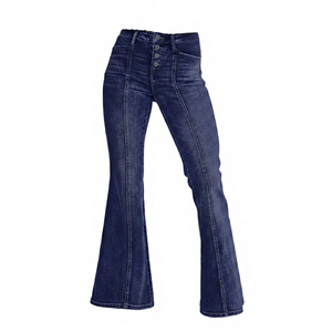 Jeans de Mujer de Cintura Alta, Corte Acampanado, Estilo Vintage, Lavado a la Piedra, Largos, Casuales, con Botones al Frente, Corte Regular, para Primavera - Product Image 5