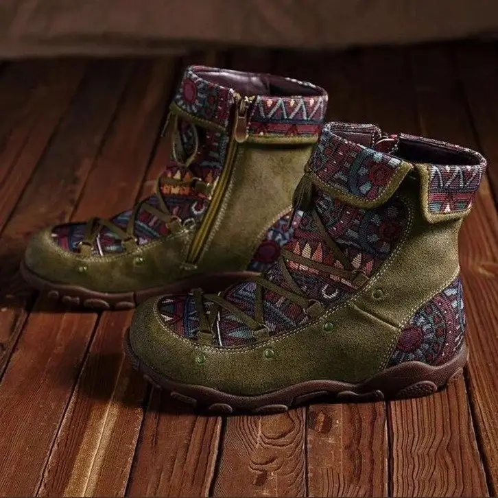 Nuovo stile stile retrò scarpe Casual da donna stile Folk invernali con cerniera laterale di grandi dimensioni allacciate con punta tonda marrone alla moda stivaletti