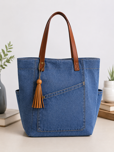 Denim <b>Canvas</b> Tote Bag Women Shoulder Handbag Zipper <b>Shopper</b> with Tassel Polyester Lining for Daily Shopping Travel - Product Image 1