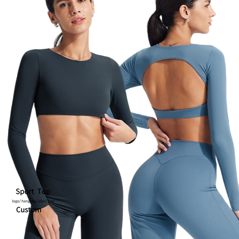 Long Sleeve Yoga Shirt Women's Lightweight Breathable Backless Crop Top with Built-In Bra Quick Dry Gym Fitness Wear Crop Tshirt