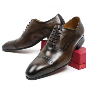 En çok satan İtalyan tarzı erkekler inek deri elbise ayakkabı Lace Up Dk kahverengi sivri burun tarzı iş Oxford çalışma ayrılık ayakkabı