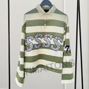 Polo de Rugby Personalizado de Estilo Urbano Holgado con Remaches, Estrás y Bordado, Tejido de Manga Larga para Hombre - Product Image 4