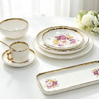 Assiettes et bols en porcelaine à facettes en forme de losange avec bordure dorée électroplaquée, service de vaisselle en céramique de luxe pour café et restaurant