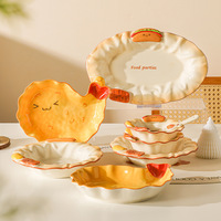 Ensemble de vaisselle en céramique ovale à thème pain, motif dessin animé mignon en relief, compatible micro-ondes, assiette à dessert/biscuits, bol à riz et cuillère