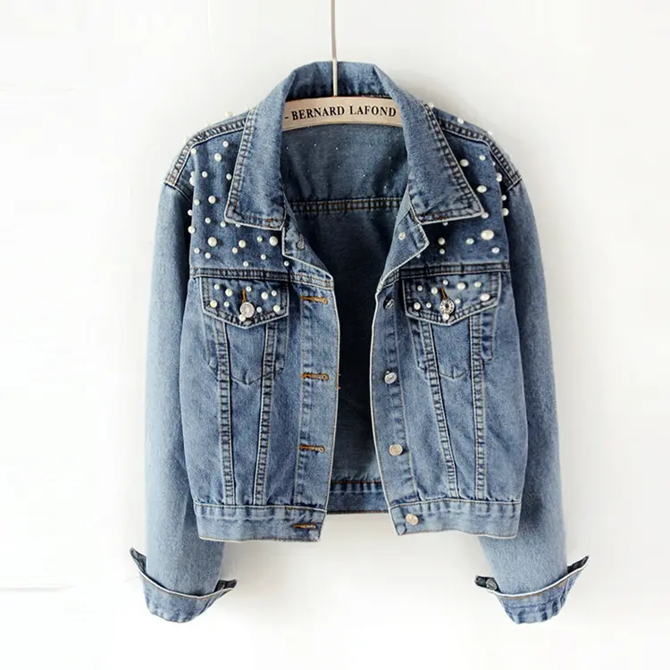 Áo Khoác Nữ Đính Kim Cương Giả Chất Lượng Cao Thời Trang Áo Khoác Denim Màu Xanh Dương Cỡ Lớn Đính Ngọc Trai Áo Khoác Jean Cho Nữ