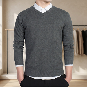 Pull en coton tricoté à col en V pour homme, respirant, coupe ajustée, manches longues, avec logo frontal, décontracté, chaud, pour l'automne, vente en gros - Product Image 2