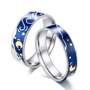 Korean style minimalist and fashionable Van Gogh starry night titanium steel <b>ring</b>, ins style, high-end design for <b>couples</b>, whole - Product Image 5