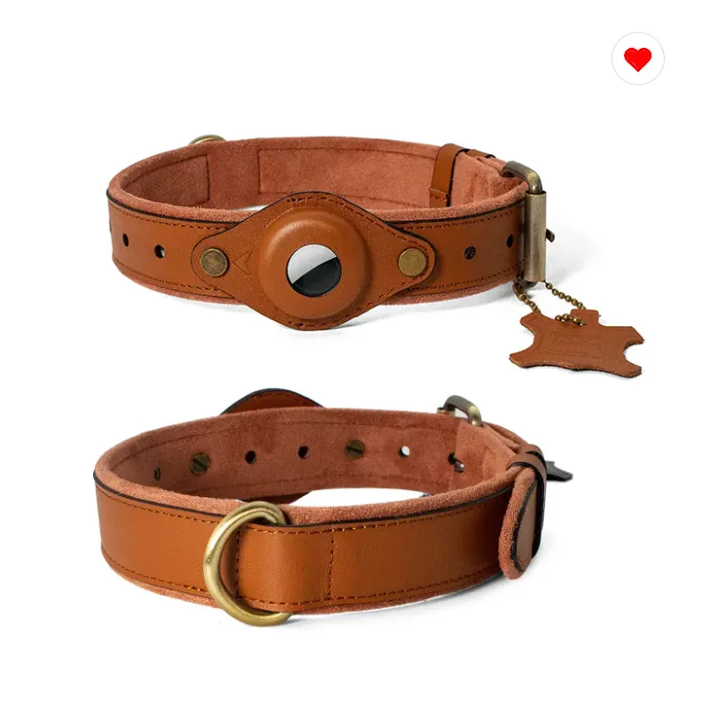 Artigos Do Cão RTS Cobre Fino Couro Real Airtag Pet Collar Acessórios De Cobre Fino Airtag Dog Collar