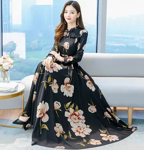 Dress Maxi wanita, Gaun panjang standar motif bunga musim panas lengan panjang perempuan motif bunga