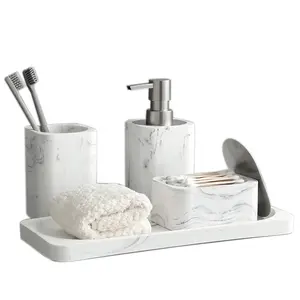 白色豪华大理石沙石状皂液分配器棉盒牙刷架托盘树脂浴室配件套装