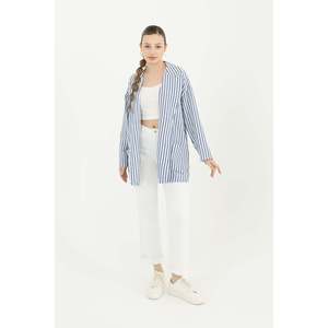 Puane Women's Lightweight Striped <b>Linen</b> Jacket for Spring Summer - Casual Indigo Outerwear for Cool Evenings - Product Image 3