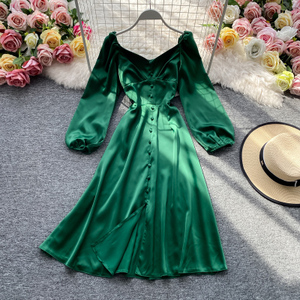 Vintage <strong>Green</strong>/Blue Knee-length <strong>Dress</strong> Casual <strong>Long</strong> Sleeve High Waist Single-breasted <strong>Dress</strong> Female Autumn New Fashion Elegant <strong>Dress</strong> - Product Image 4