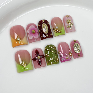Uñas Postizas Otoñales Hechas a Mano, Color Marrón Neutro, Diseño 3D con Flores y Estampado <span class=keywords><strong>de</strong></span> Leopardo, Estilo Francés, Cortas y Cuadradas, Reutilizables, Brillantes, para Uso Diario - Product Image 5