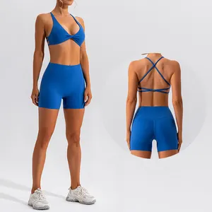 2-delige Sportkleding Vrouwen Twist Front Yoga Crop Top Sportbeha En Compressie Shorts Set Vrouwen Workout Gym Fitness Yoga Sets