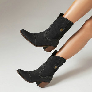 Low Block Heel Cowboy Shoes Dark Denim Mid Calf Western <b>Boots</b> Metal Button Decor For Holiday Trips And Casual Social Gatherings - Product Image 5