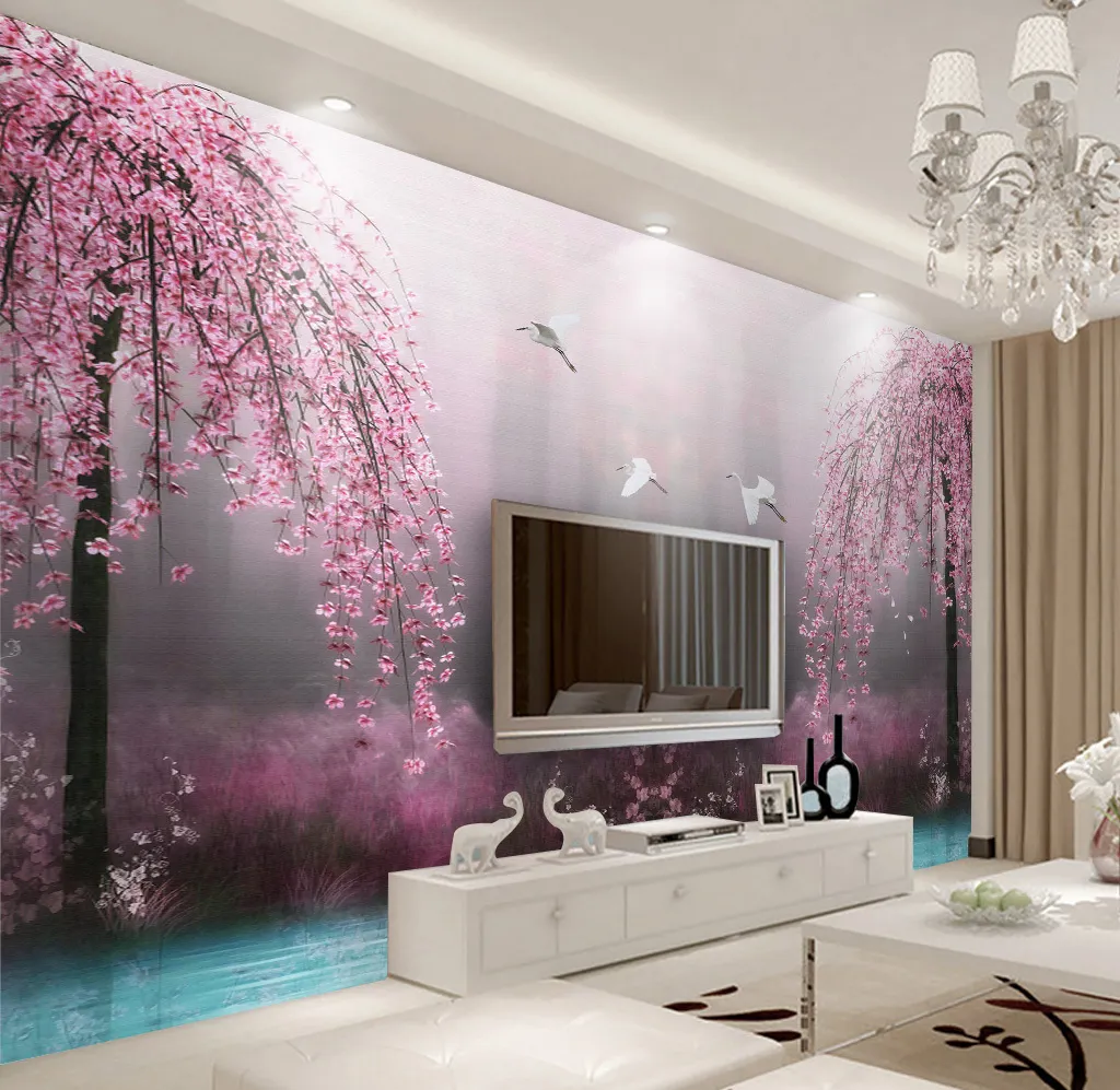 ZHIHAI pink trees dropping leaves foggy forest designs uv print 8d decorative wallpaper