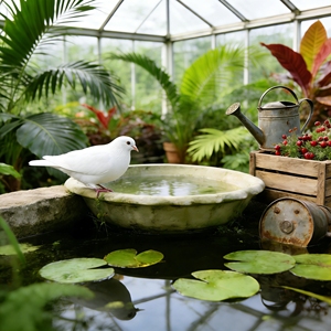 Bain d'oiseaux <span class=keywords><strong>de</strong></span> <span class=keywords><strong>jardin</strong></span> en résine peint à la main - Bassin décoratif en pierre rétro pour la cour extérieure, fontaine d'eau, esthétique enchanteur - Product Image 2