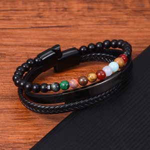 Men's Titanium Steel Leather <b>Bracelet</b> <b>Beaded</b> Magnetic Buckle Woven Genuine Leather 7.5 8.5 9 Inches Gift Jewelry - Product Image 1