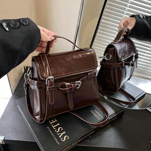 Multi-colored glossy leather crossbody <b>bag</b>, vintage style women's handbag with metal <b>buckle</b> series - Product Image 2
