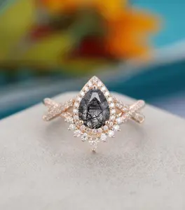 独特的复古S925玫瑰金梨形黑色石英订婚戒指女士扭曲钻石婚礼新娘承诺礼物
