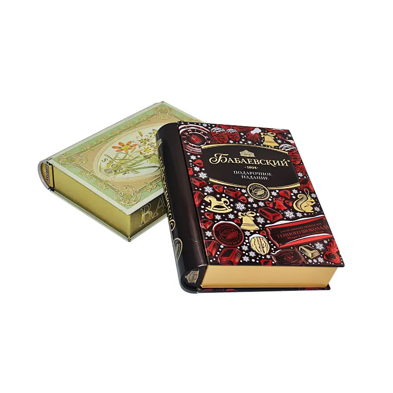 Оптовая продажа, бесплатный образец, жестяная подарочная металлическая коробка в форме книжки, подарочный набор для конфет и шоколада