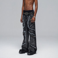 Jeans pour hommes YUCE, fabricant OEM, jeans à bords effilochés gothiques, patchwork, pantalon en denim ample, style opium, streetwear, denim