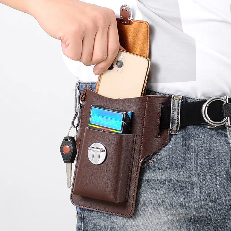 Riñonera multifunción de cuero PU para hombre, bolso de cintura informal para teléfono móvil, bolsillo para viajes al aire libre