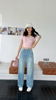 Pantalon large en jean bleu clair pour femme, personnalisé en usine, écologique, respirant, taille haute, effet usé, grande taille, coupe droite