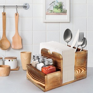 Wooden Condiment And Cutlery Organizer With Spice Bottles And Napkin Holder For Kitchen Countertop Storage - Product Image 1