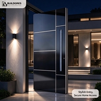 Porte d'entrée modulaire contemporaine en alliage d'aluminium avec incrustation horizontale, verre dépoli découpé, poignée barre pleine longueur et serrure multipoints