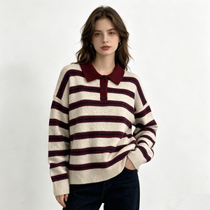 Women's Striped Polo Neck Sweater Wool Blend Casual Knit Pullover, Vintage <strong>Red</strong> Beige <strong>Jumper</strong>, Long Sleeve Loose Top for Winter - Product Image 4