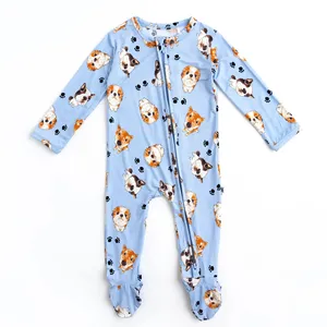 factory direct wholesale bluey bamboo cotton cute dogs print zipper footie baby pajamas rompers